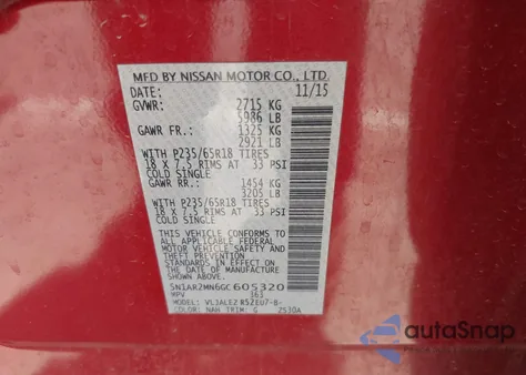 2016 Nissan Pathfinder Platinum/S/Sl/Sv z USA, uszkodzony, nr VIN 5N1AR2MN6GC605320